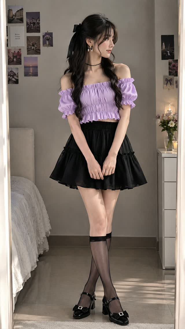 A young woman wearing a purple ruffled top and black skirt posing in a bedroom.