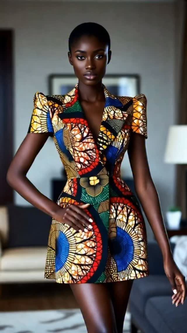 A woman wearing a vibrant, patterned Ankara mini dress with structured shoulders.