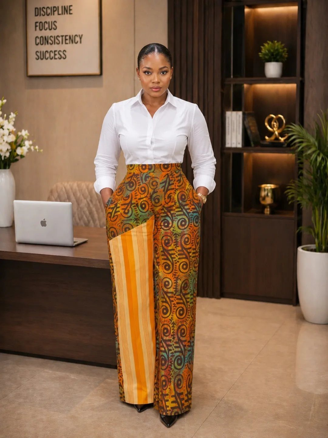 A woman posing in an office wearing white shirt and patterned African print wide-leg trousers.