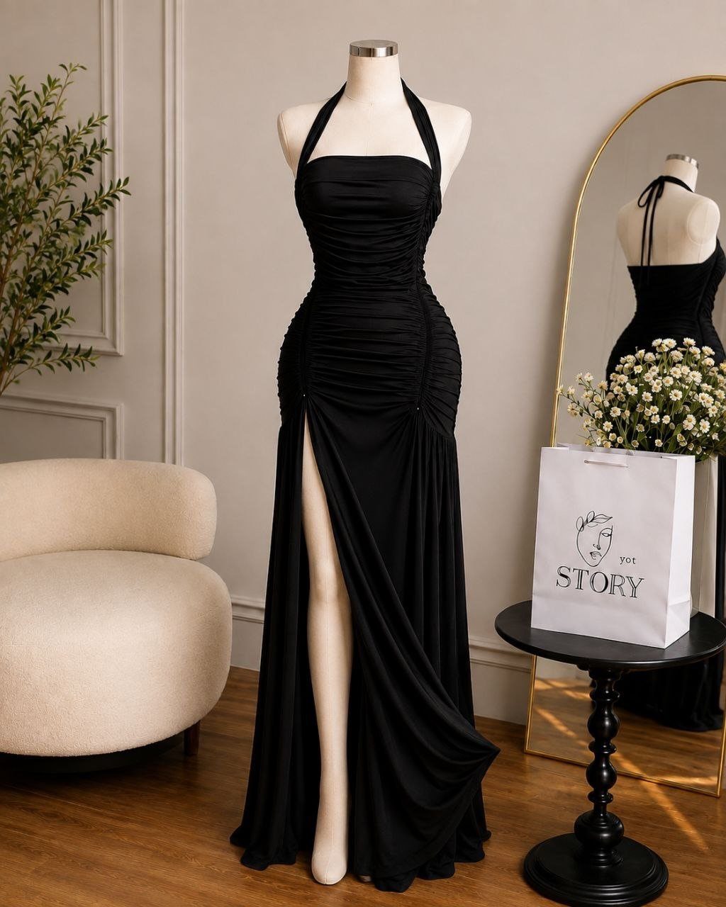A black satin halter neck gown with a high slit displayed on a mannequin.