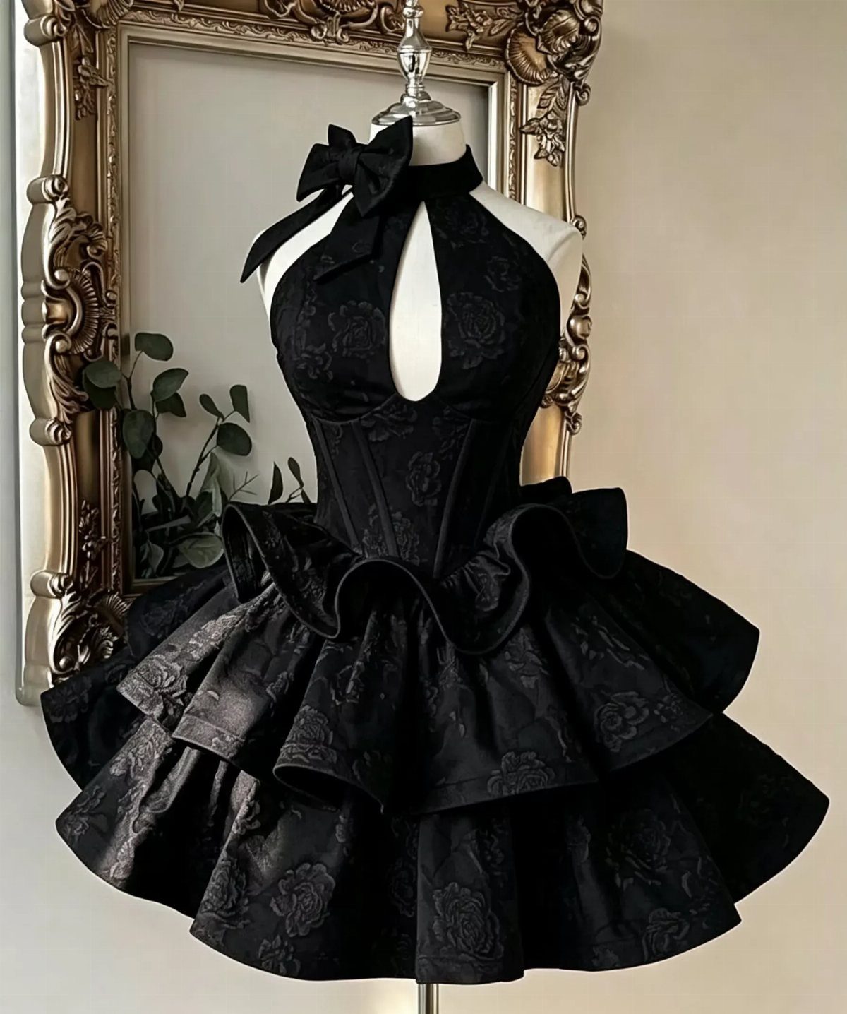 A black floral jacquard halter mini dress with a tiered ruffled skirt on a mannequin.