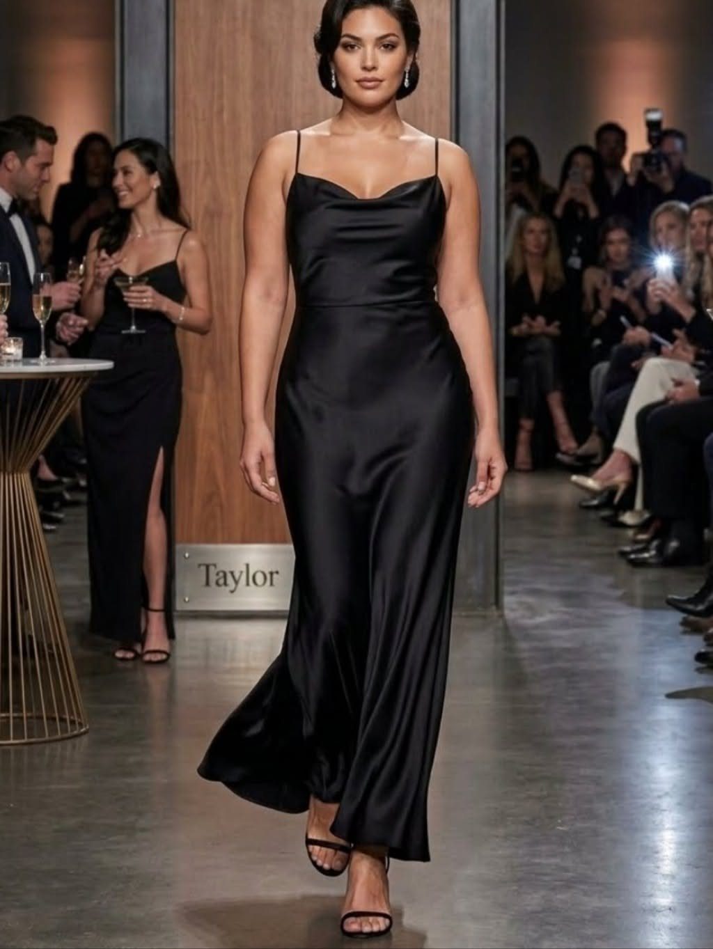 A woman walking a runway in a long black satin slip dress with thin straps.