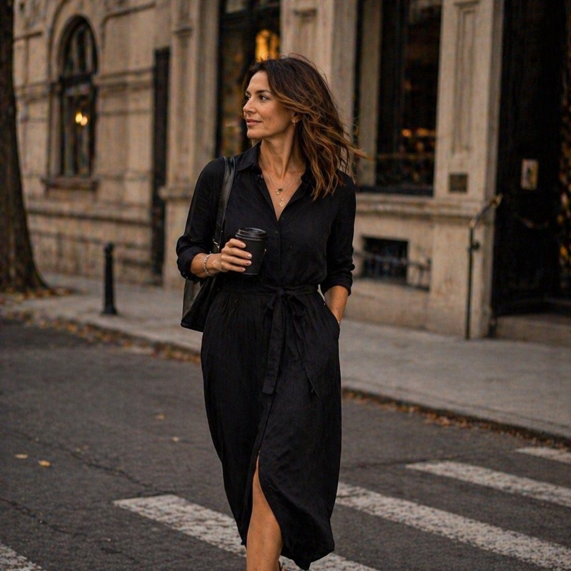 A woman walking down a city street wearing a stylish long black shirt dress.