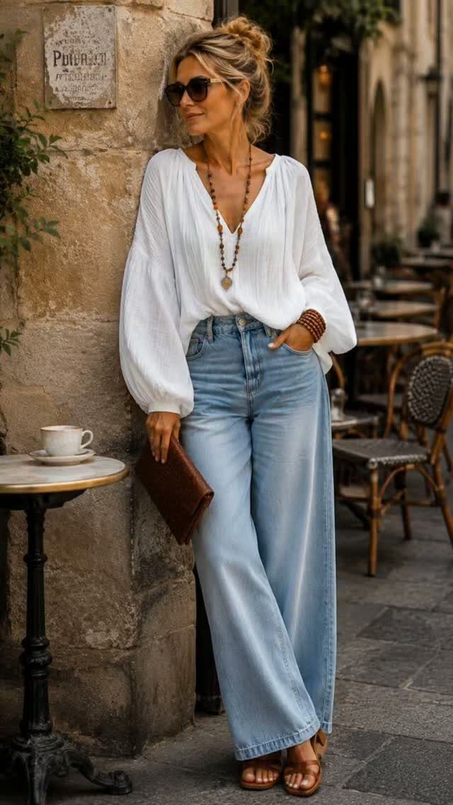 Woman in white peasant blouse and wide-leg jeans standing by a stone wall.