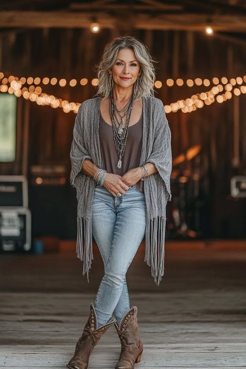 Woman in light blue denim jeans, grey fringe kimono, and brown boots posing in a rustic barn.
