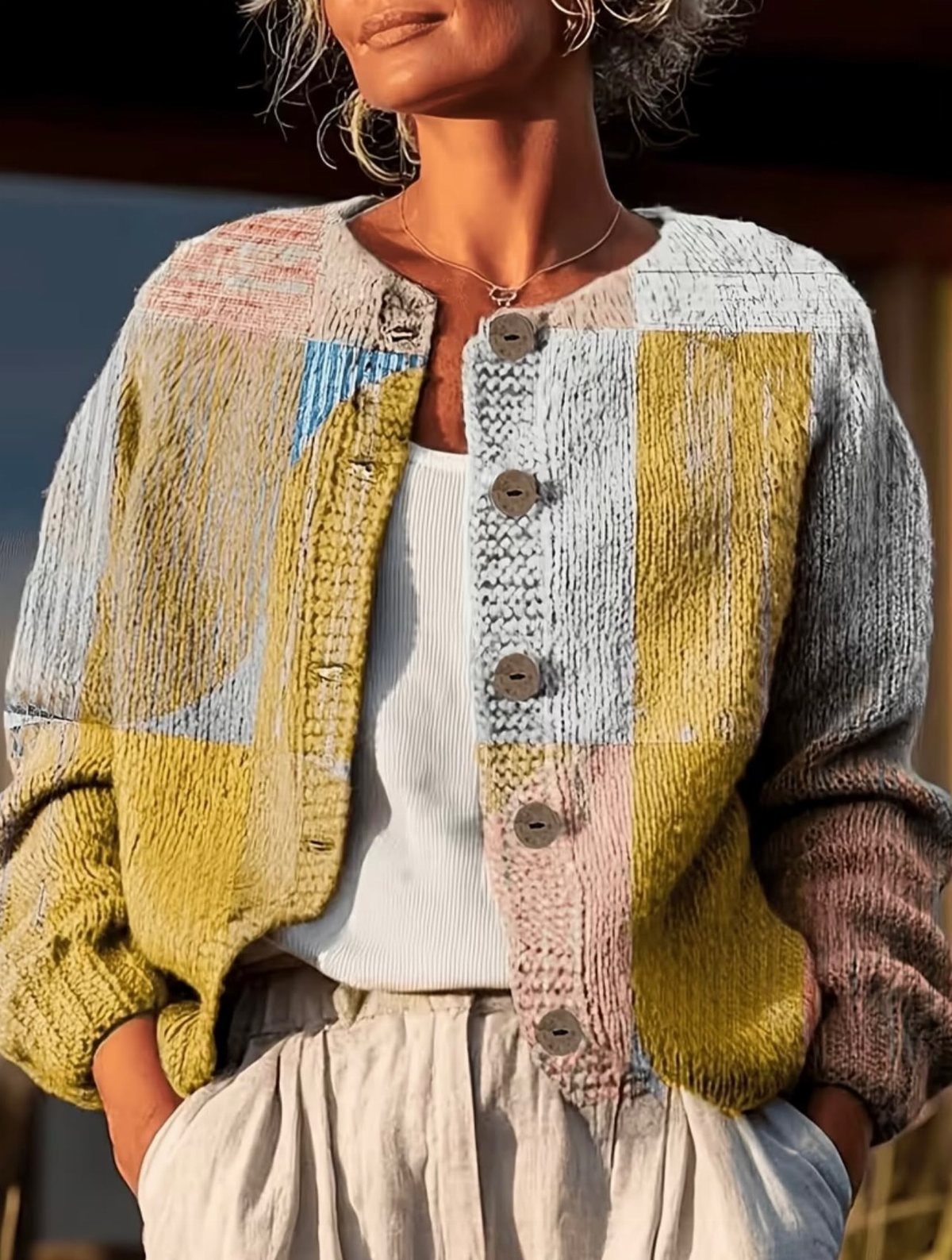 Woman wearing a colorful patchwork knit cardigan over a white top and linen trousers.