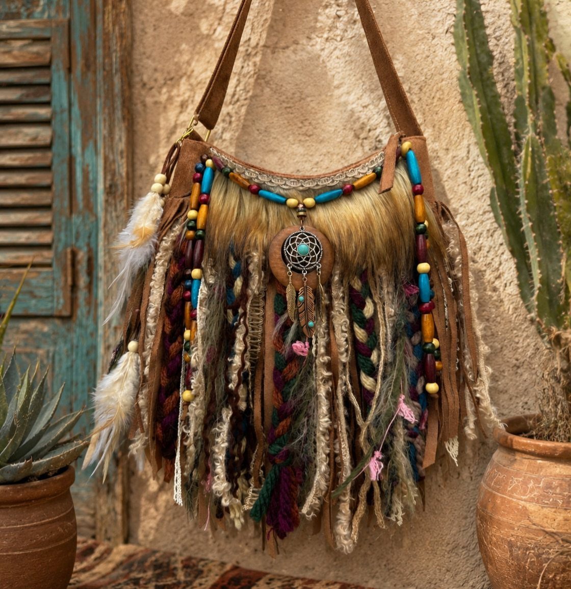A bohemian fringed bag with feathers, beads, and a dreamcatcher hanging on a wall.