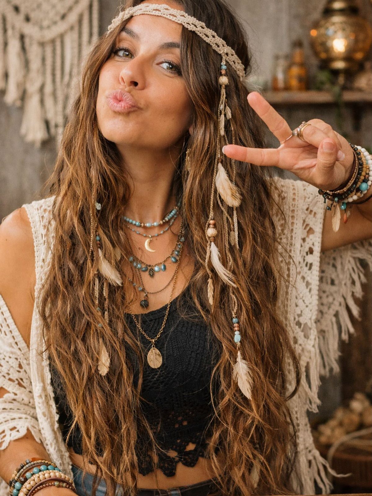 Woman in bohemian crochet clothing and layered jewelry making a peace sign.