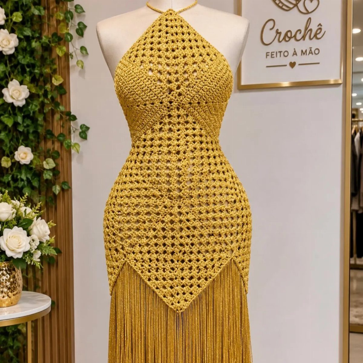 Yellow crochet lace halter maxi dress with long fringe displayed on a white mannequin.