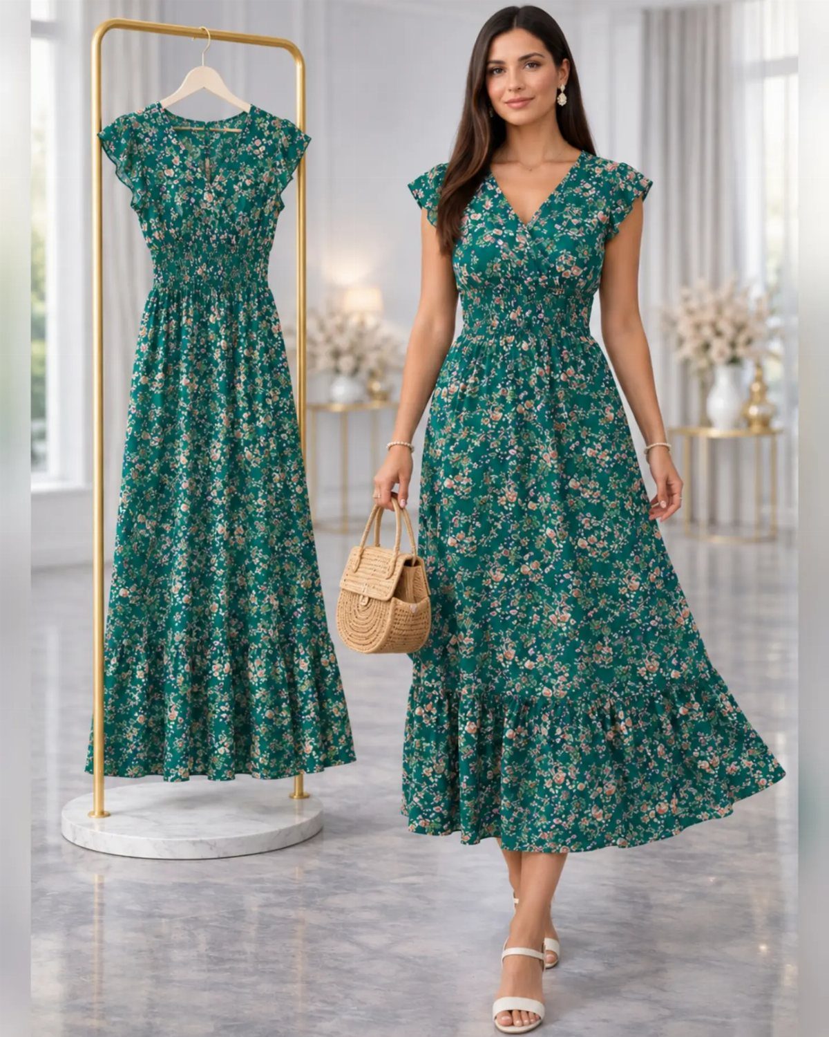 Woman wearing a green floral smocked maxi dress standing next to a matching dress on a rack.