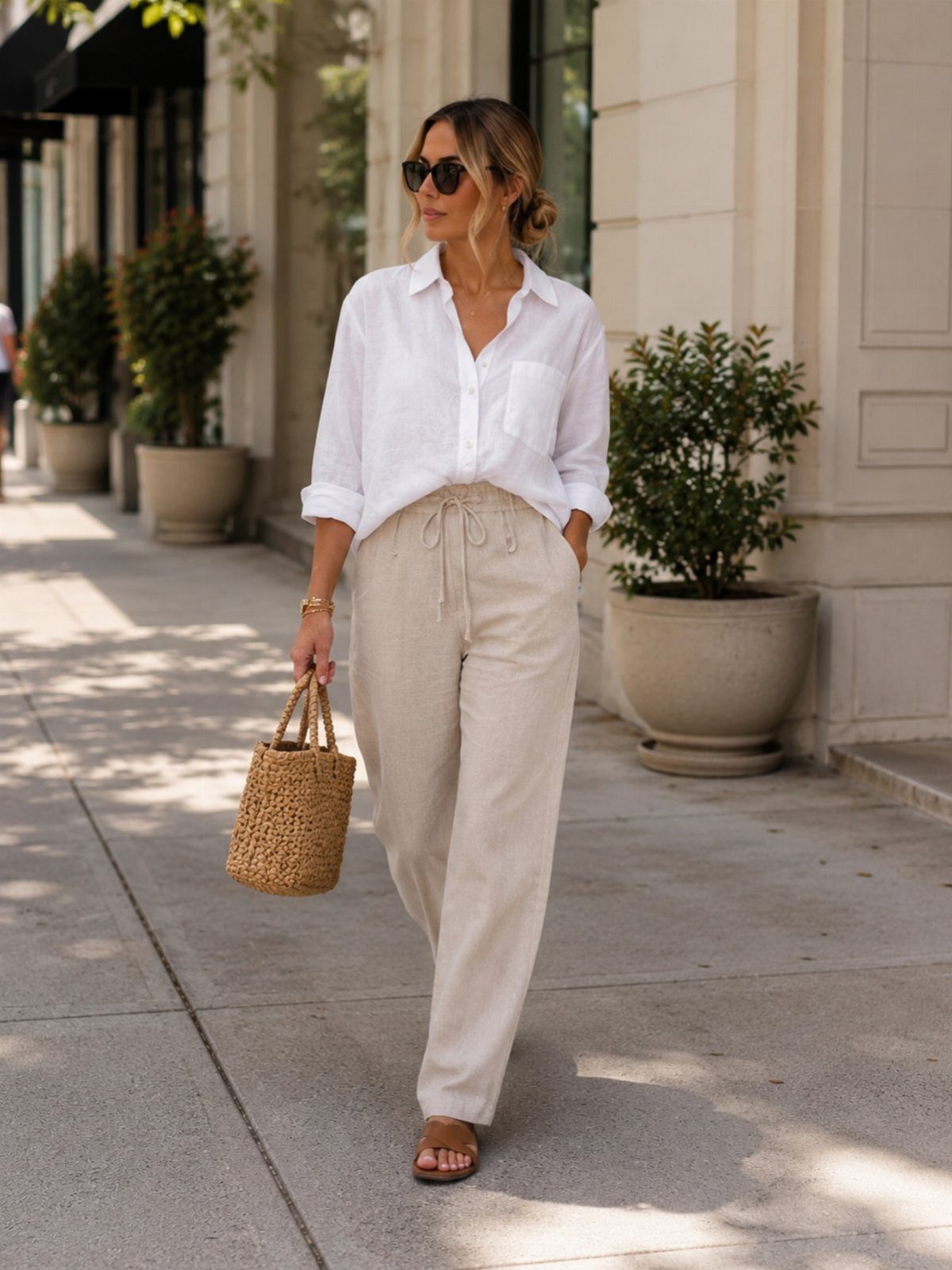 Woman in white shirt and beige linen trousers walking with a straw basket tote.