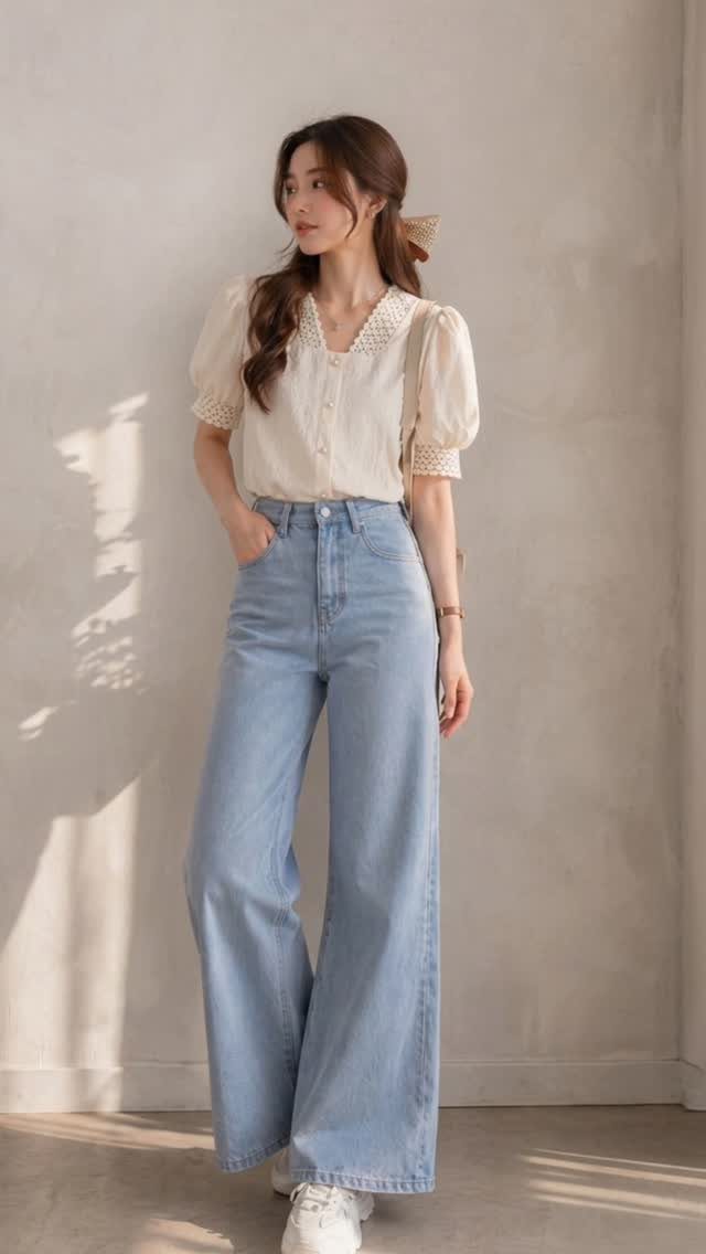 Woman wearing a cream puff-sleeve blouse and light blue wide-leg denim jeans.
