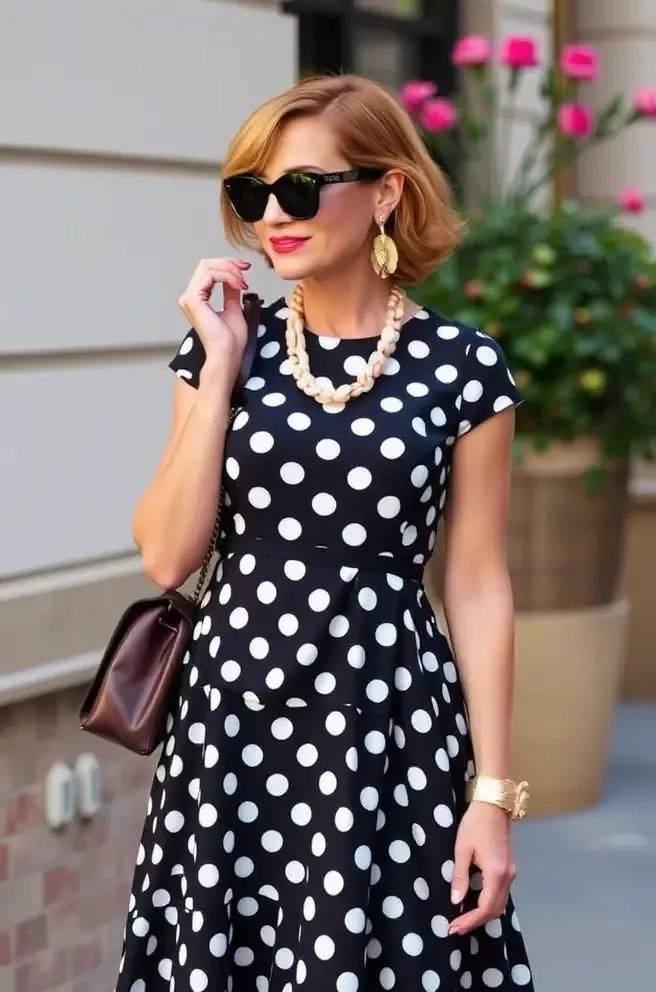 A woman wearing a black short-sleeved dress with large white polka dots and sunglasses.