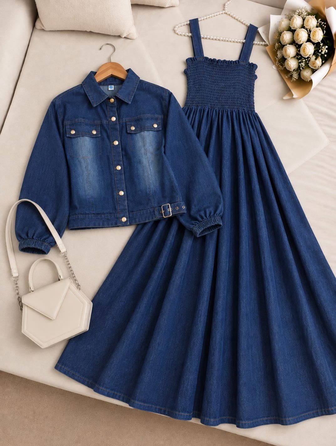 Denim maxi dress and denim jacket laid out with a white handbag and roses.