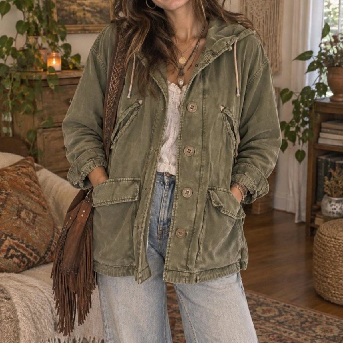 Woman wearing an olive green utility jacket with large pockets and light blue jeans.