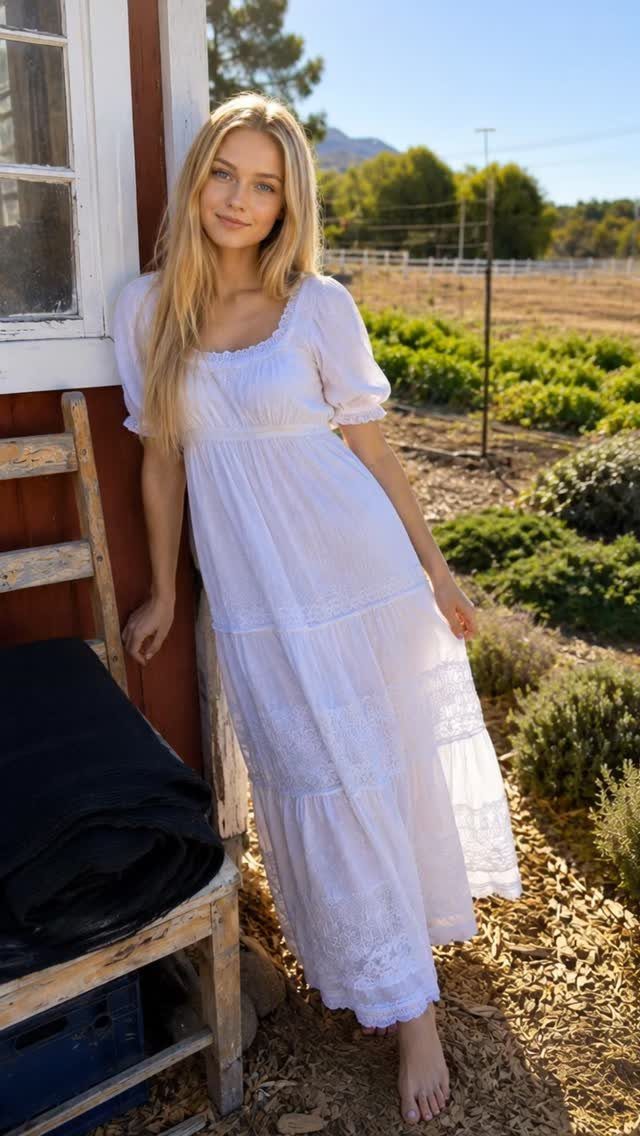 A blonde woman wearing a white lace maxi dress leaning against a wooden building outdoors.