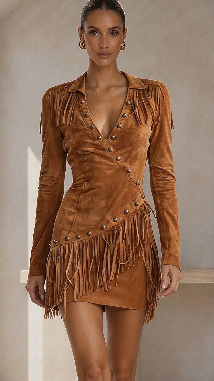 A woman posing in a tan suede mini dress featuring fringe and metal stud details.