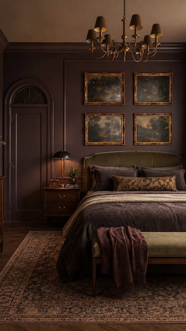 Dark purple bedroom with a large bed, gold chandelier, and framed landscape paintings on the wall.
