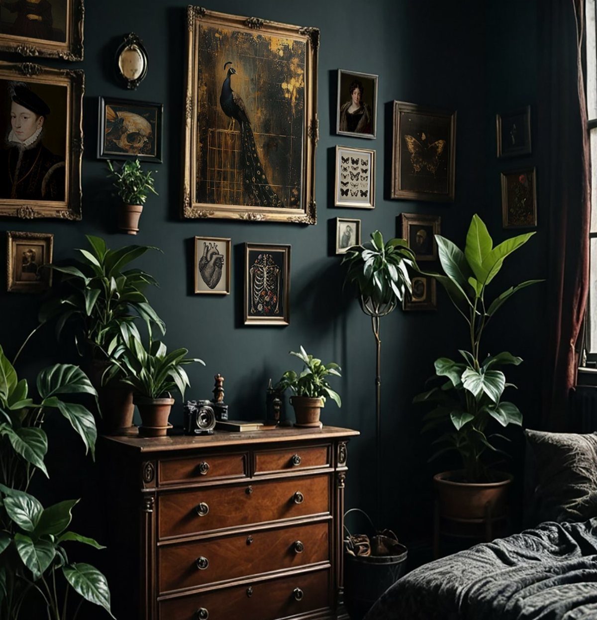 Gold framed paintings and green potted plants against a dark teal interior wall.