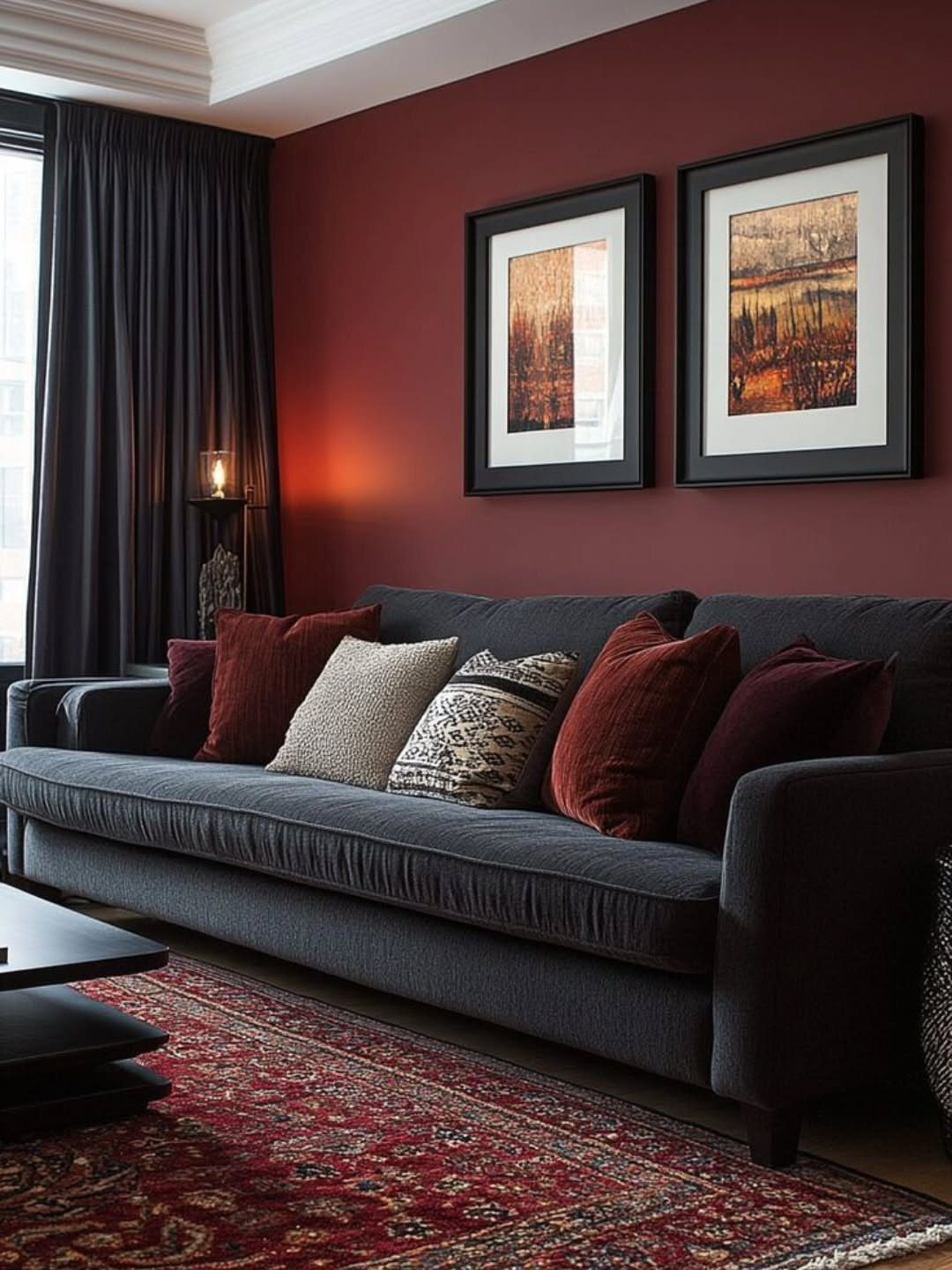Charcoal grey sofa with red pillows against a deep burgundy wall in a dark living room.