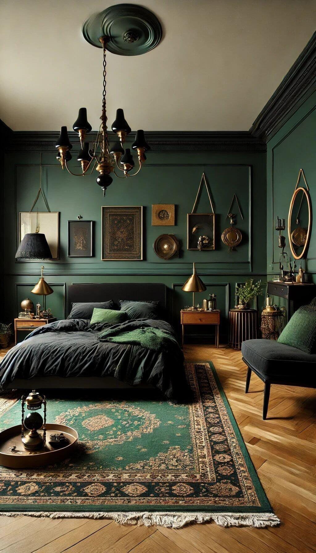 Dark green bedroom with a black bed, ornate chandelier, and patterned rug on wooden floors.