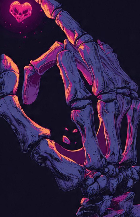 A purple and orange skeletal hand holding a small glowing pink heart-shaped skull.