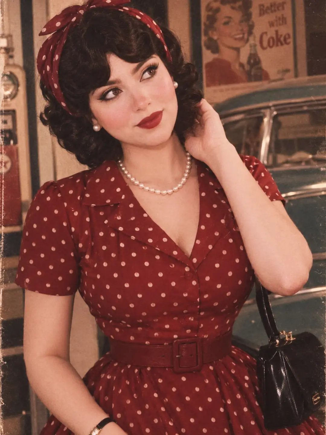 Woman in a red polka dot 1950s style dress and headband posing near a vintage car.