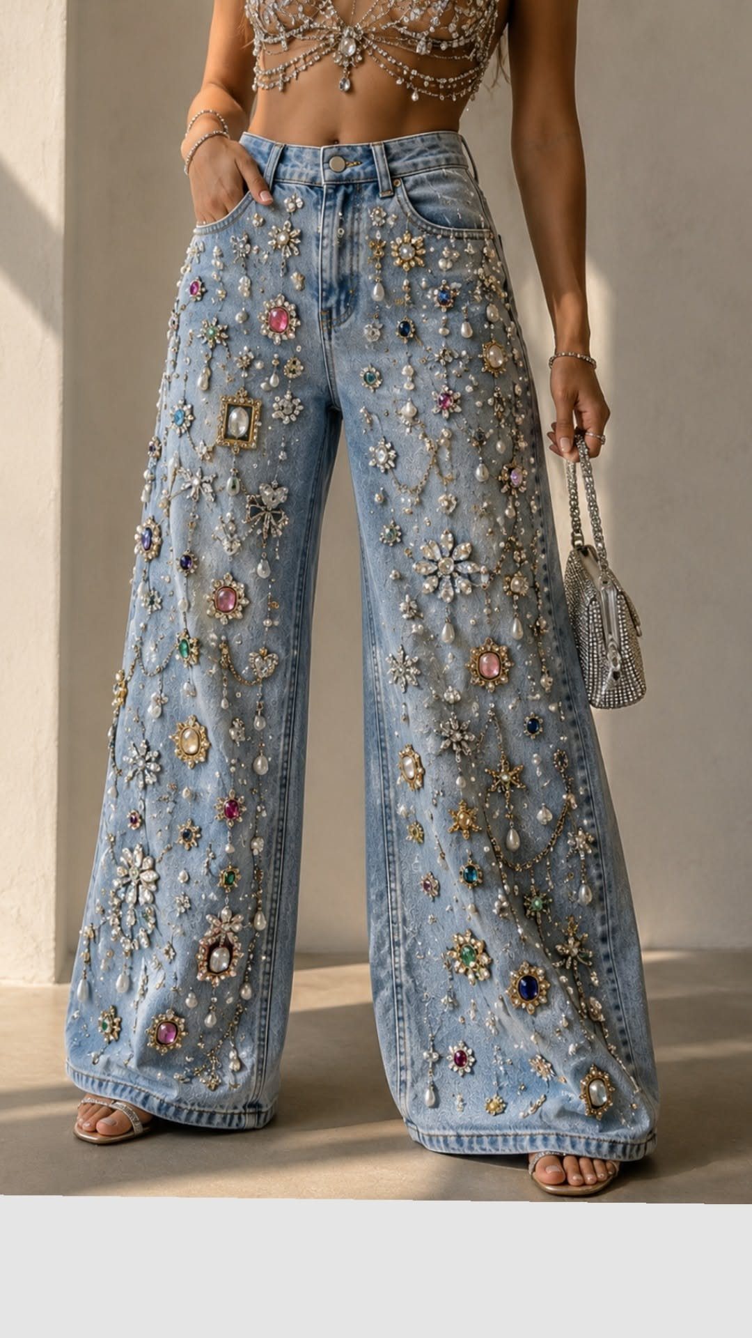 Person wearing wide-legged denim jeans decorated with numerous colorful rhinestones and crystals.