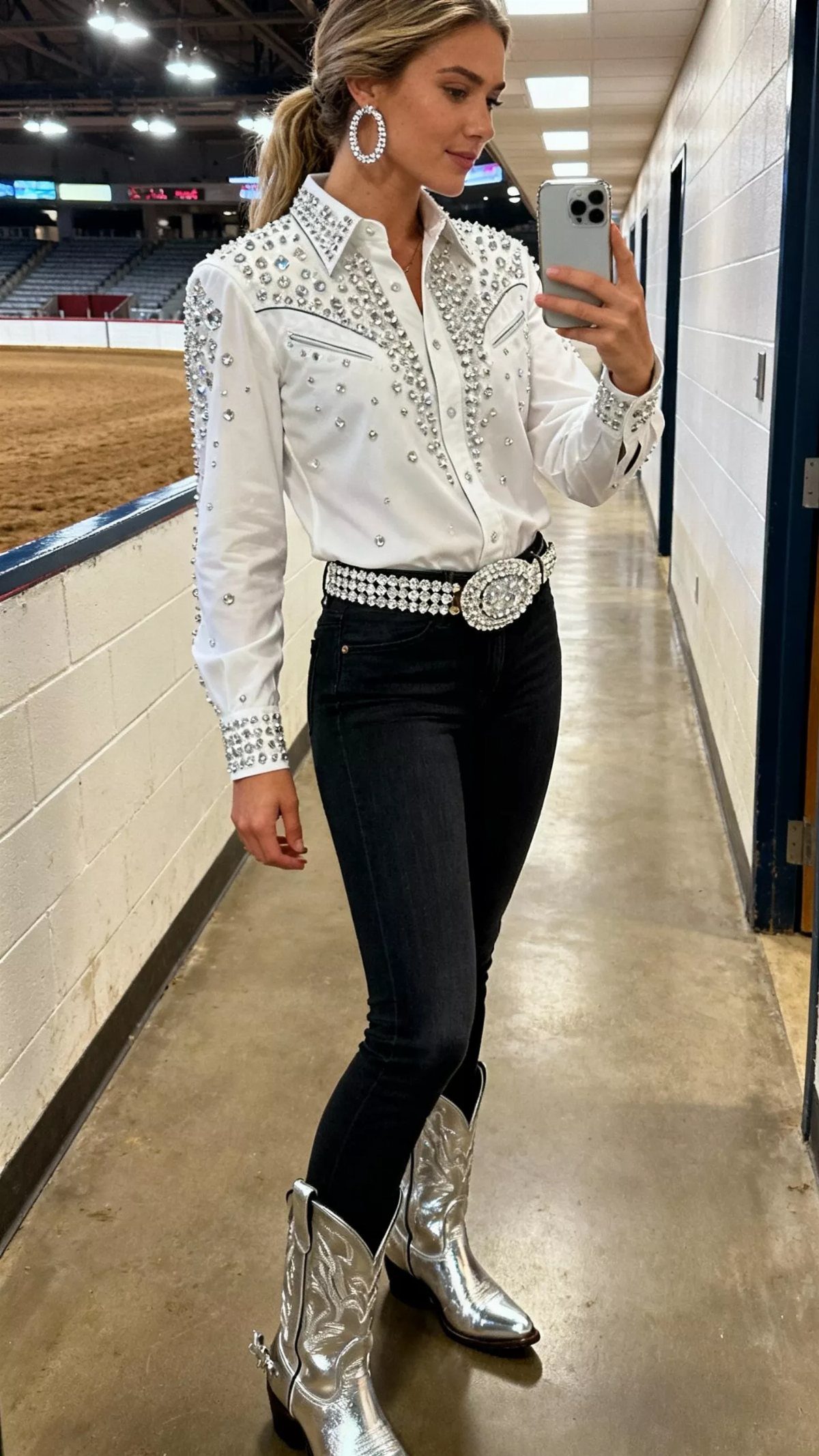 Woman in white rhinestone western shirt, black jeans, silver belt, and metallic cowboy boots.