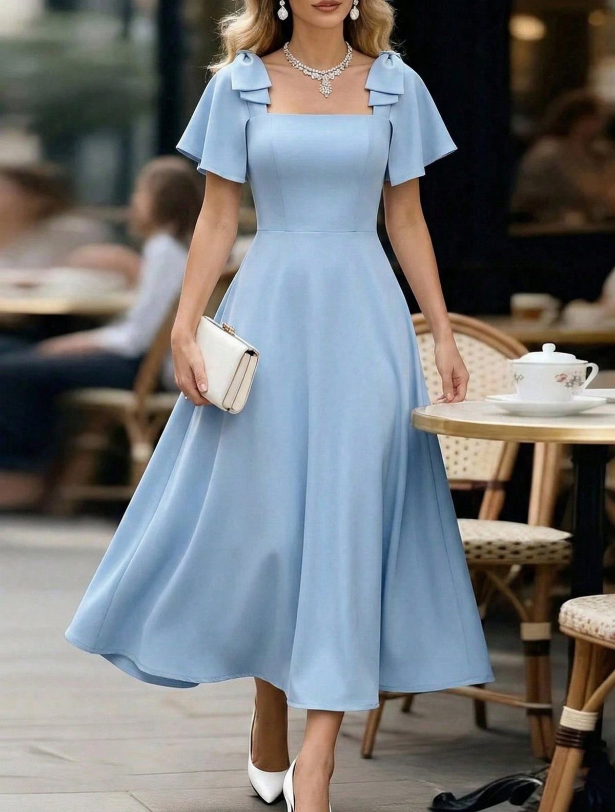 Woman in a light blue midi dress featuring delicate flutter sleeves and a flared skirt.
