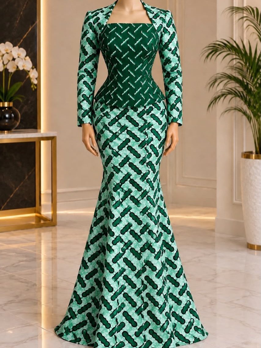 A person wearing a green patterned mermaid dress with a matching cropped bolero jacket.