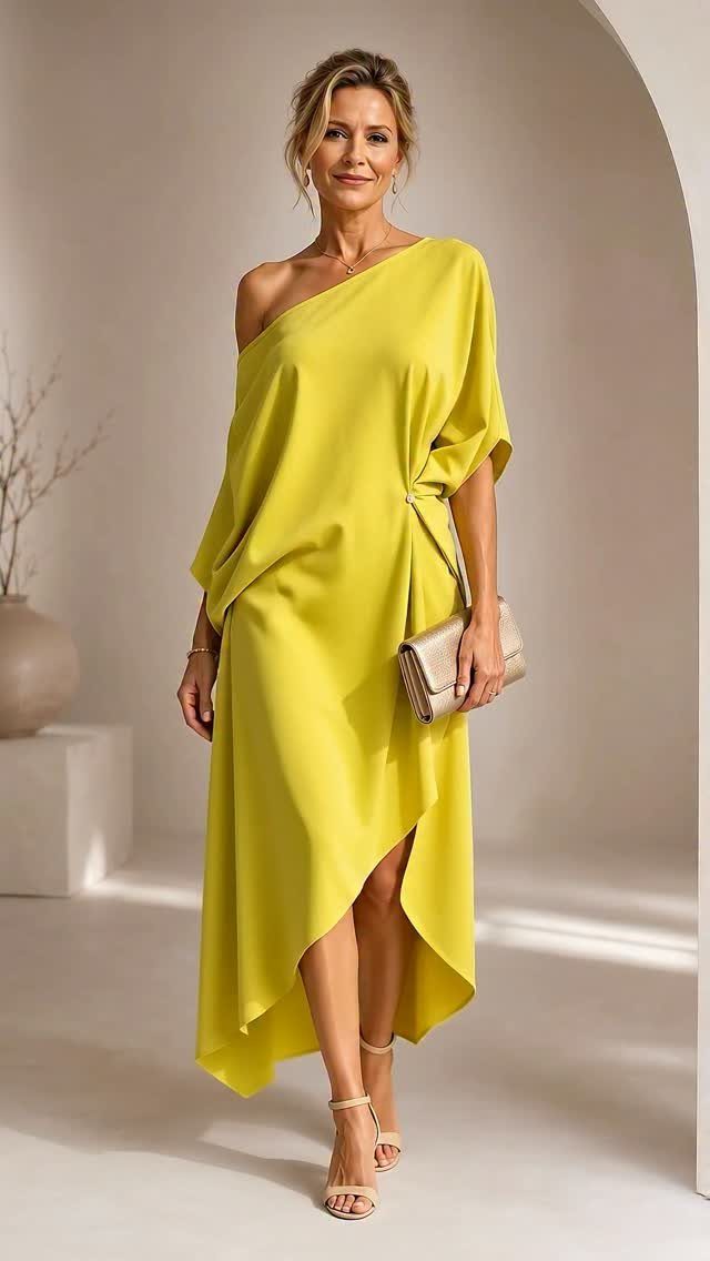 Woman in a bright yellow one-shoulder dress with an asymmetrical hemline standing against a neutral background.