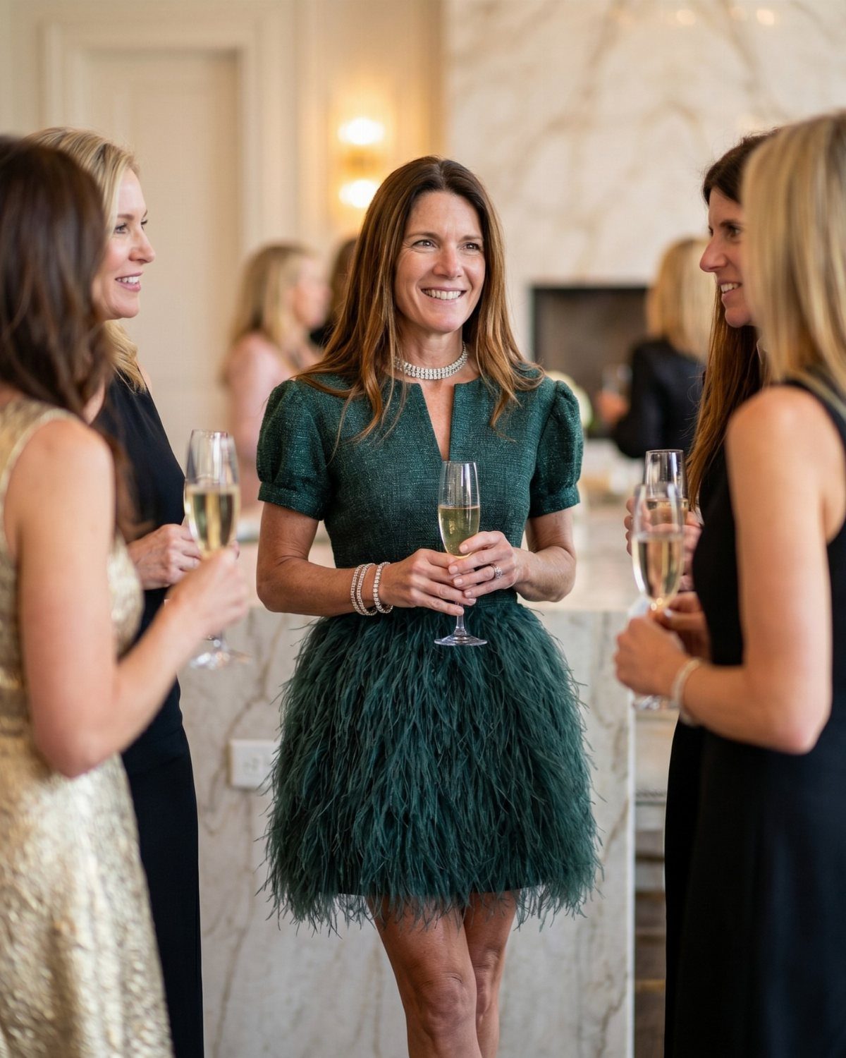 A woman in a green feathered cocktail dress holds a glass of champagne at a party.