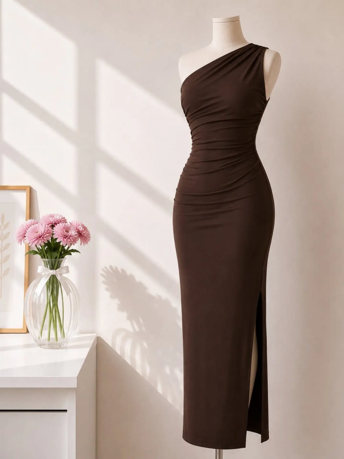 A brown one-shoulder midi dress with ruching displayed on a white mannequin.