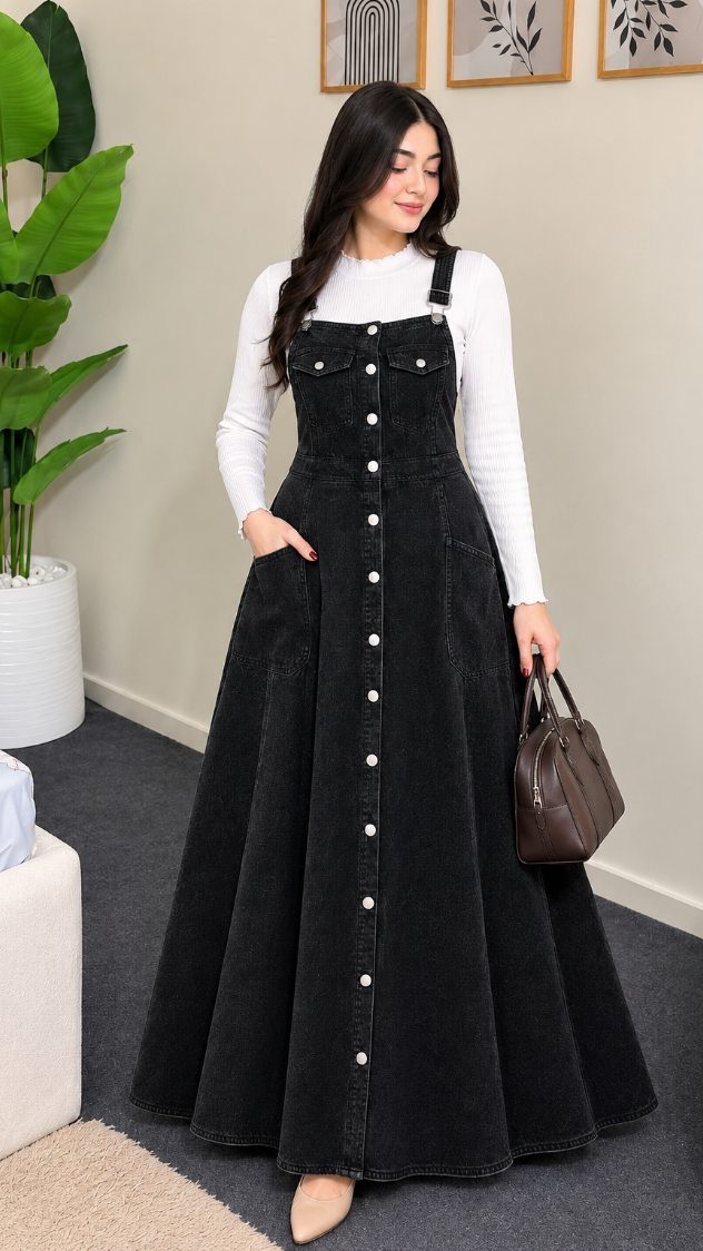 A woman wearing a long black denim button-down pinafore dress over a white shirt.