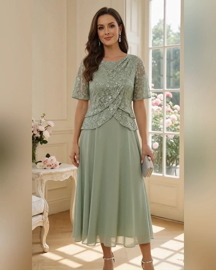 A woman posing in a sage green lace and chiffon midi dress holding a silver clutch.