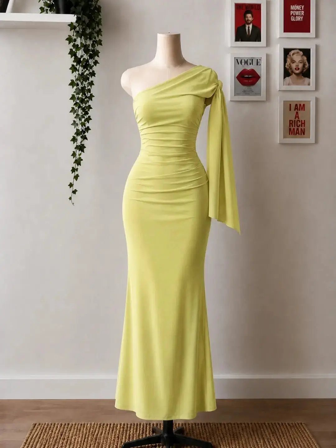 A pale yellow one-shoulder ruched dress displayed on a white mannequin against a wall.