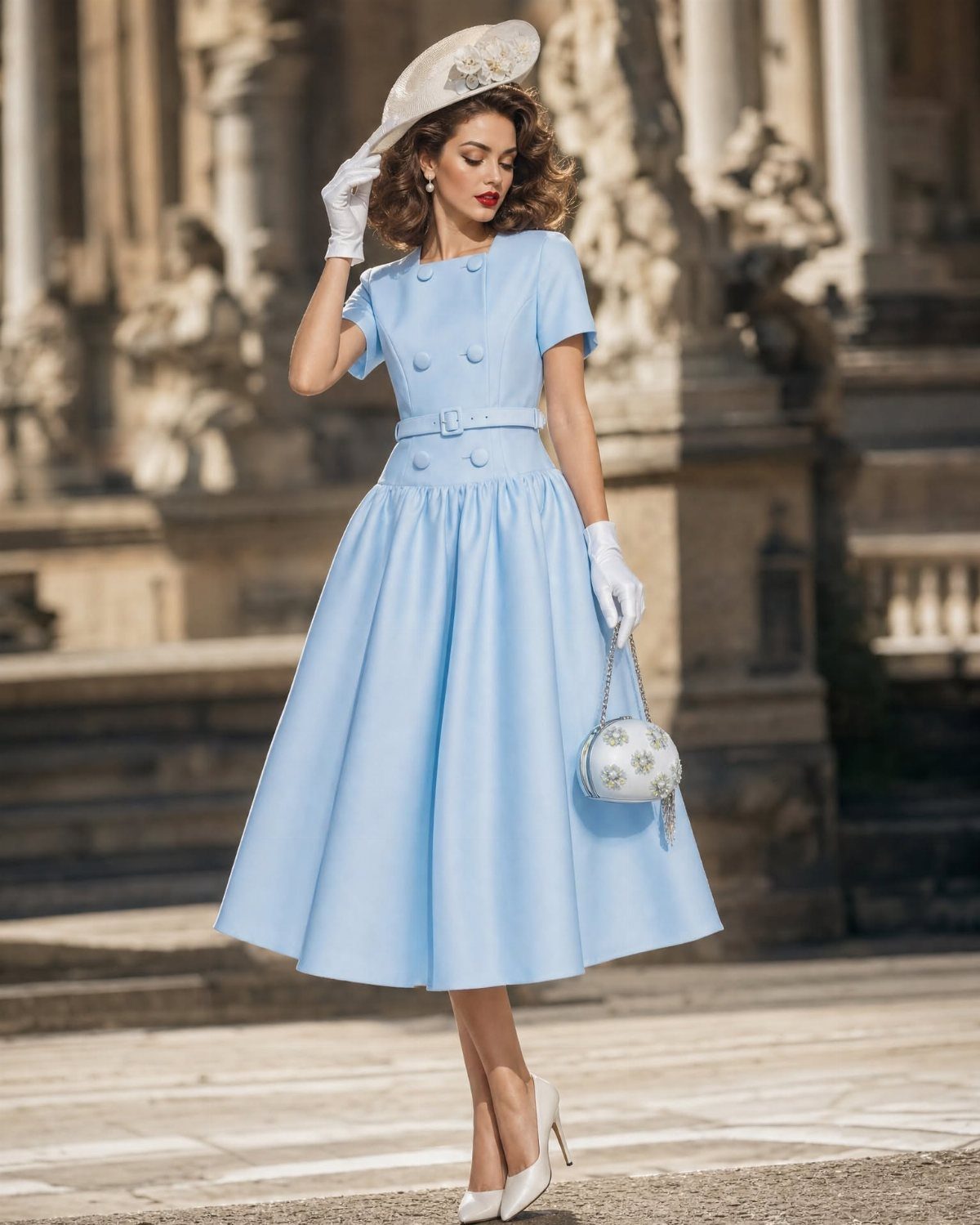 A woman in a light blue tea-length dress, white gloves, and a wide-brimmed hat posing outdoors.