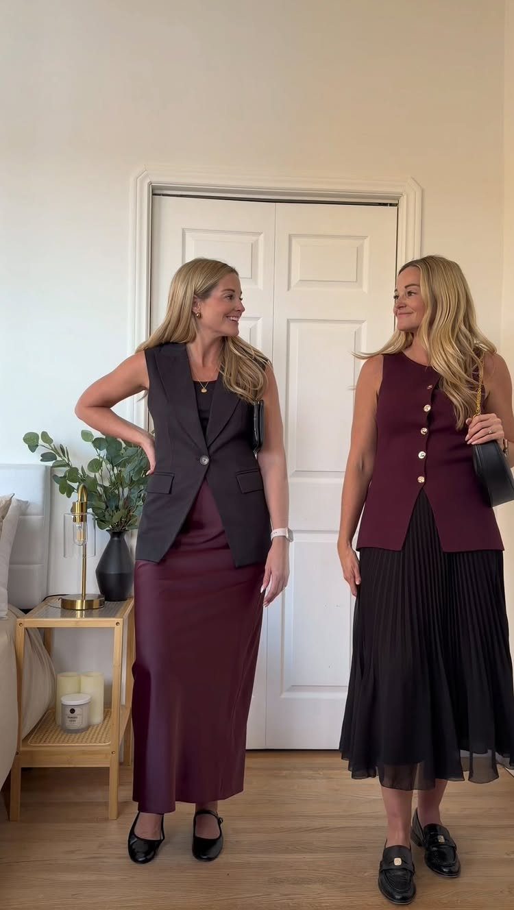 Two women posing in layered vest and skirt outfits to create a more curvaceous silhouette.
