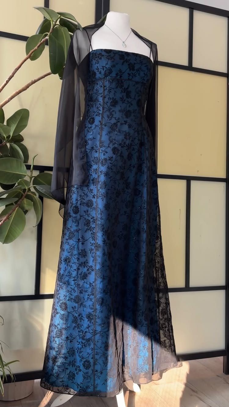 Blue floral empire waist maxi dress displayed on a mannequin with a black sheer wrap.