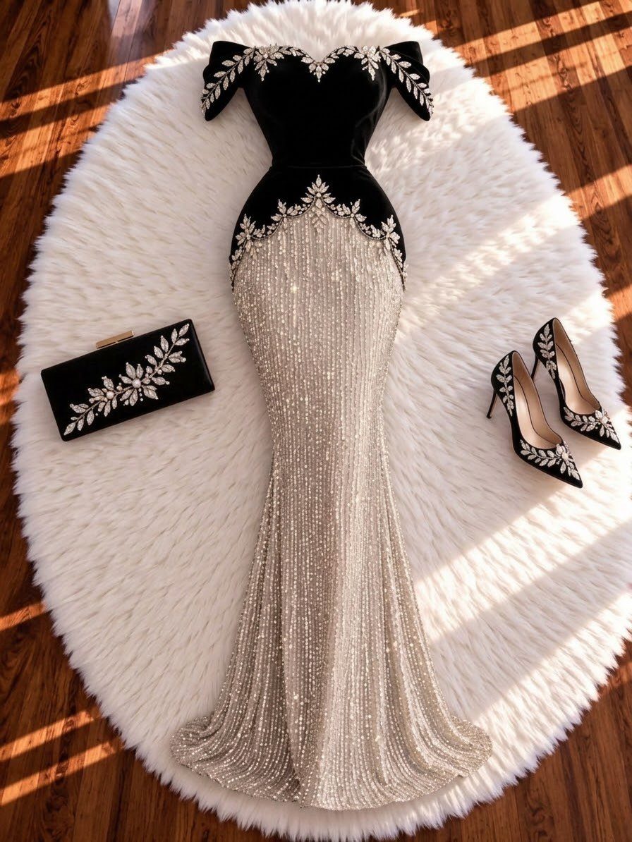 A silver sequined mermaid silhouette dress with a black velvet bodice laid on white fur.