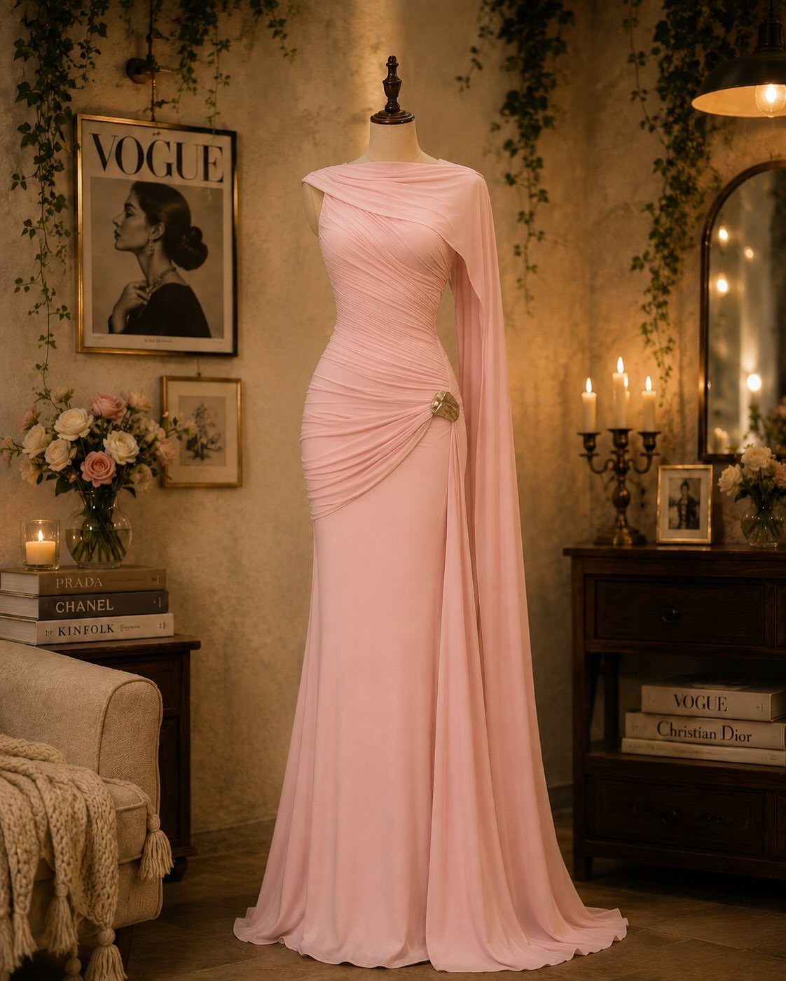 A draped light pink one-shoulder evening gown displayed on a mannequin in a warm room.