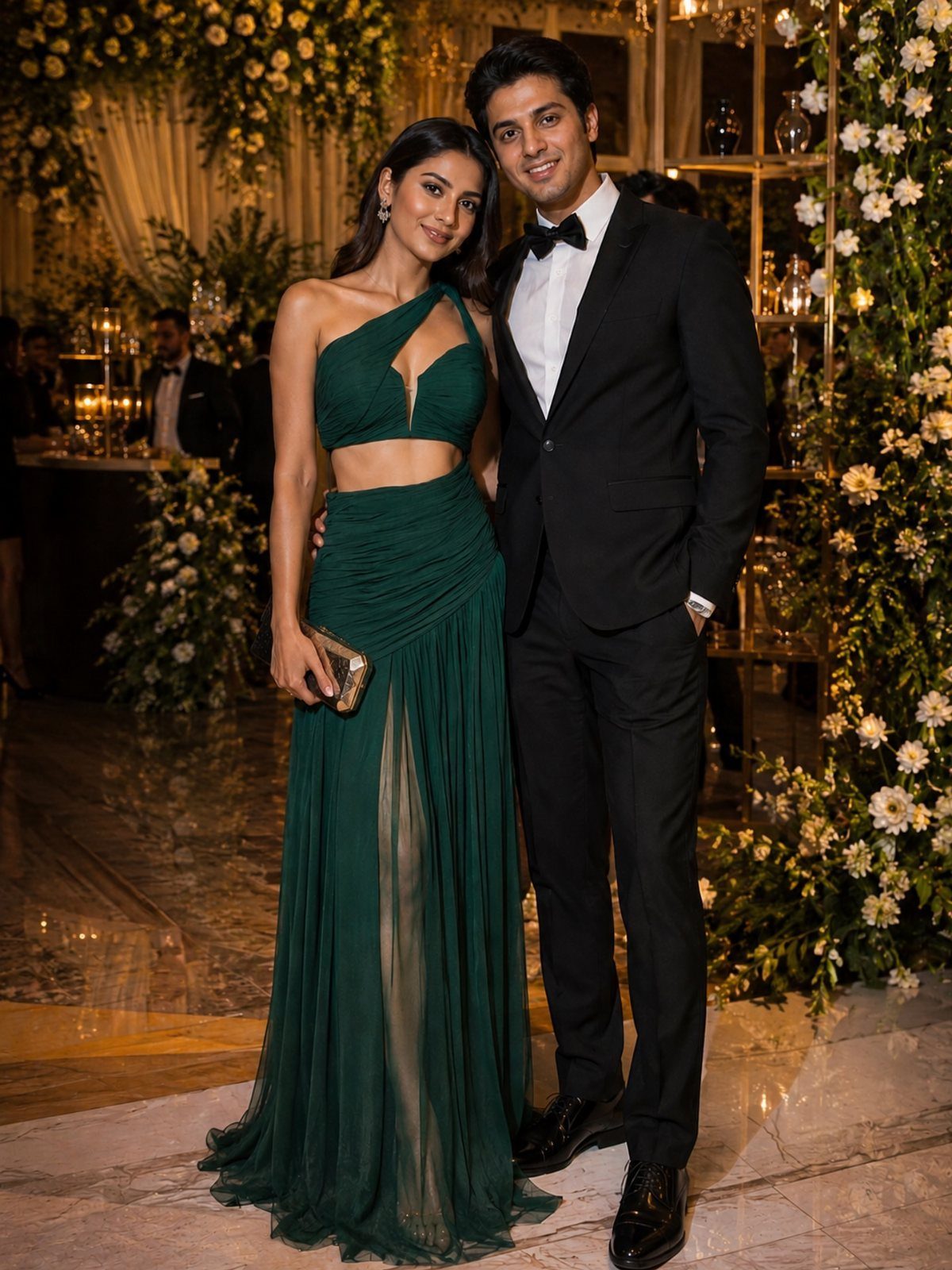 A woman in a green two-piece gown and a man in a tuxedo posing together.