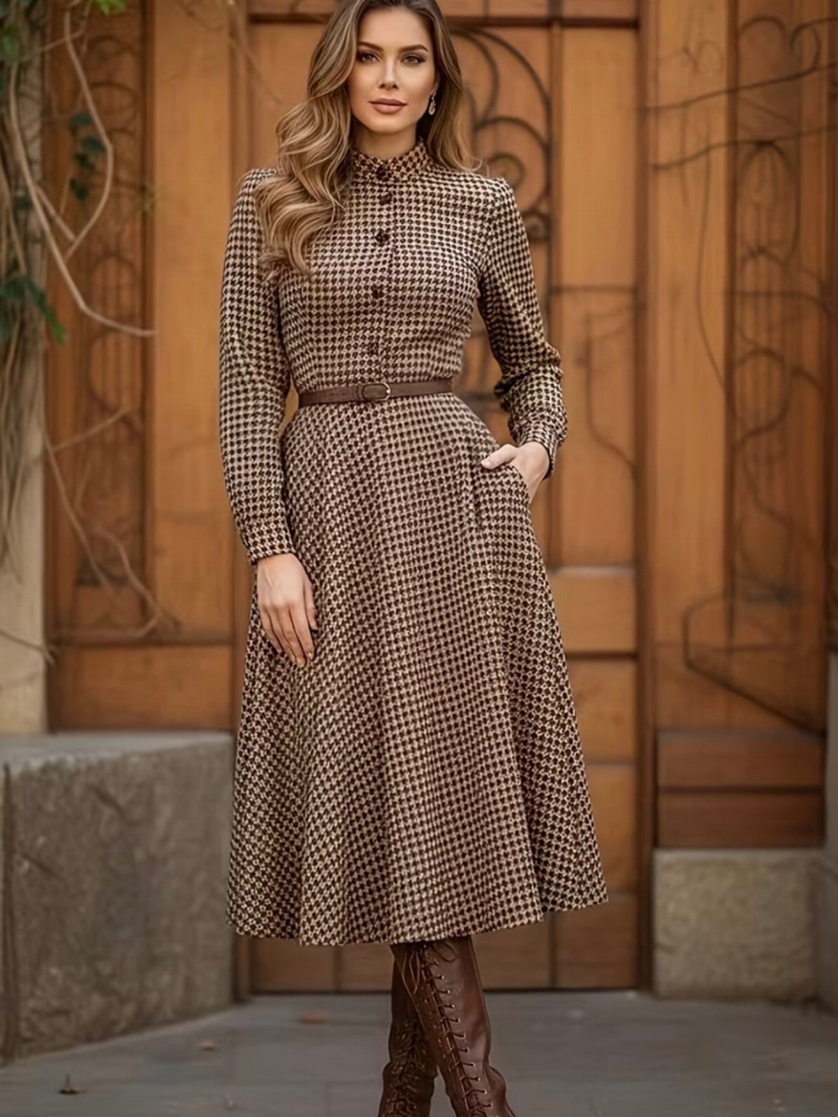 Woman wearing a brown patterned A-line midi dress with a belt and brown boots.