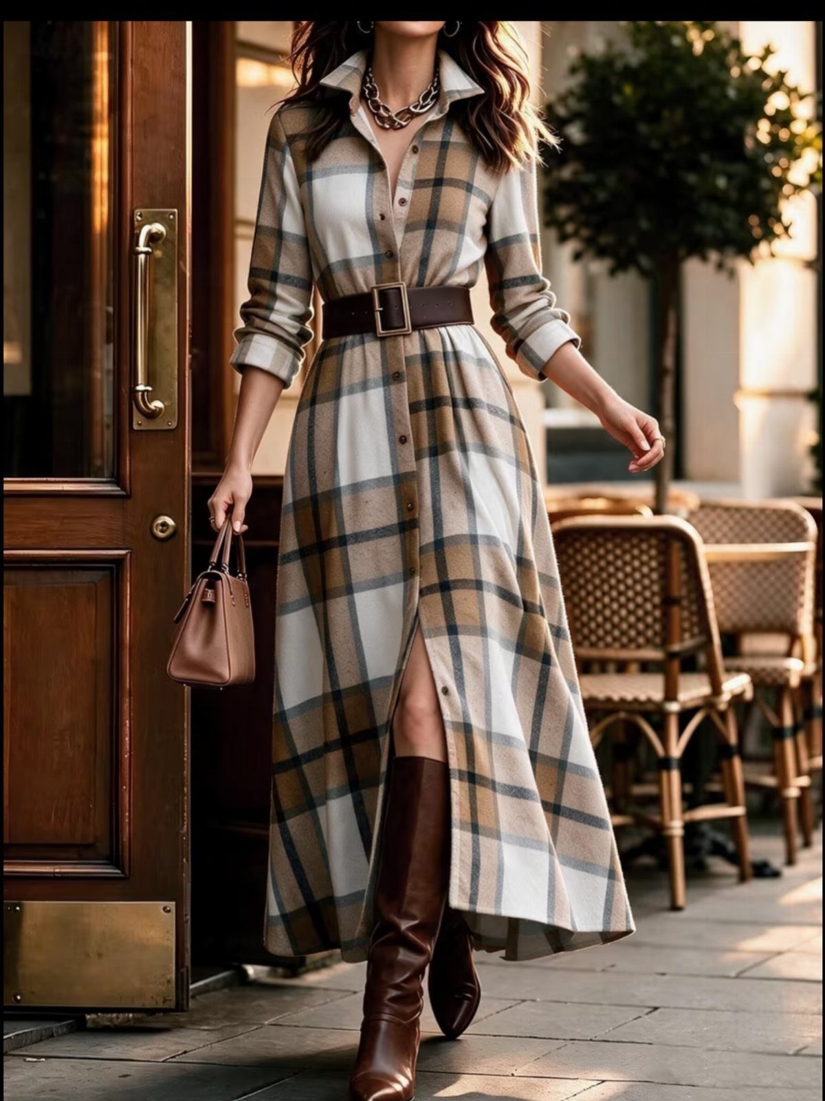 Woman walking in a plaid flannel A-line shirtdress and brown leather boots near a cafe.