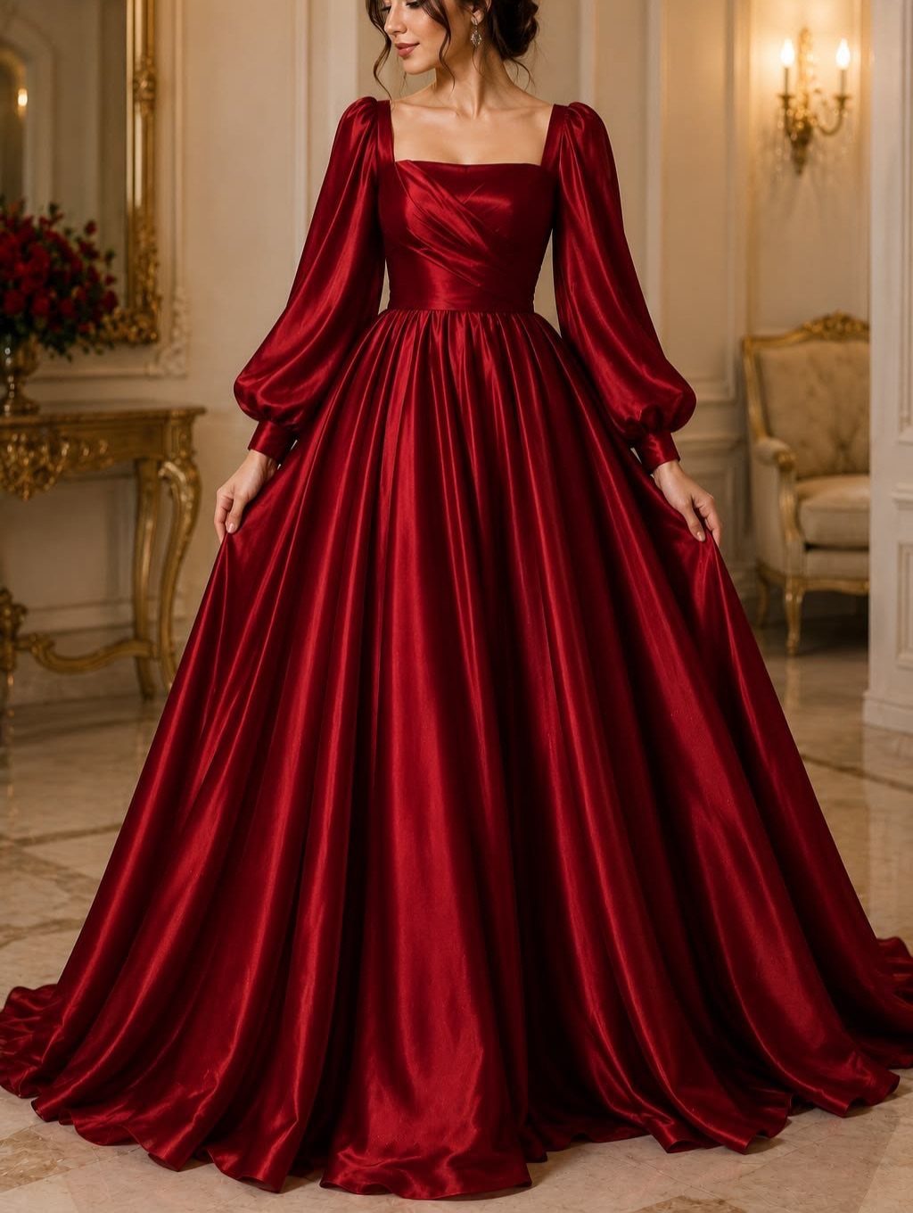 Woman posing in a long red satin maxi dress with large balloon sleeves.