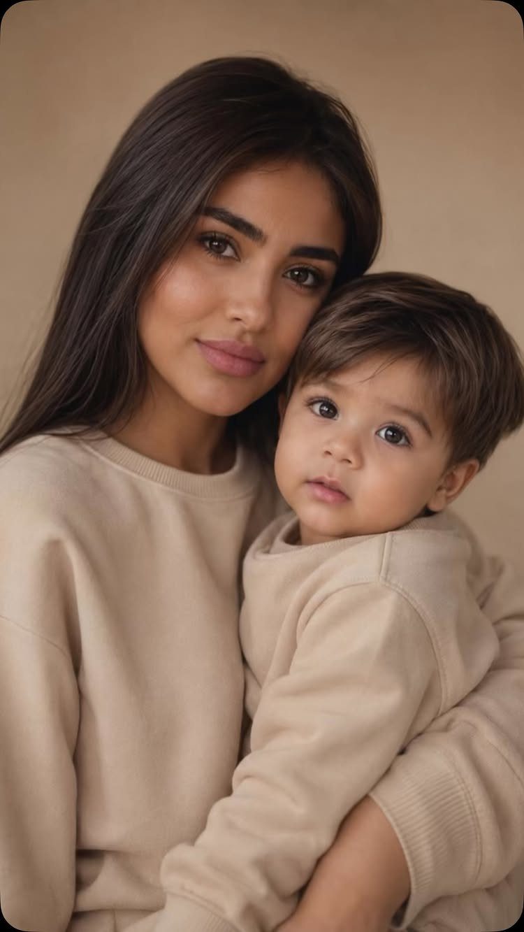 A young woman with long dark hair and a child wearing matching beige sweatshirts.