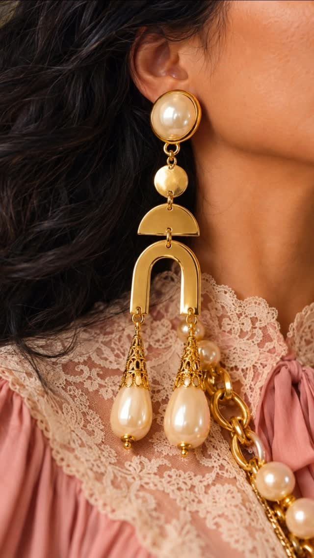 Large gold and pearl statement earrings and a matching pearl chain necklace worn by a person.