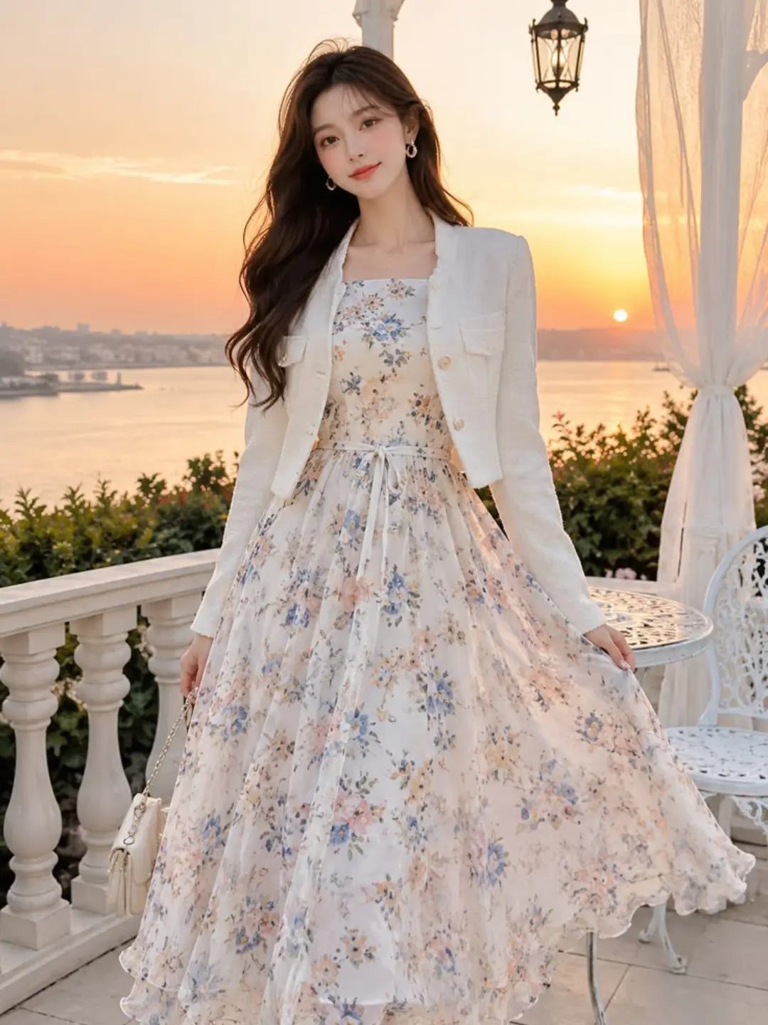 A woman wearing a white floral print dress and a white jacket standing on a balcony at sunset.