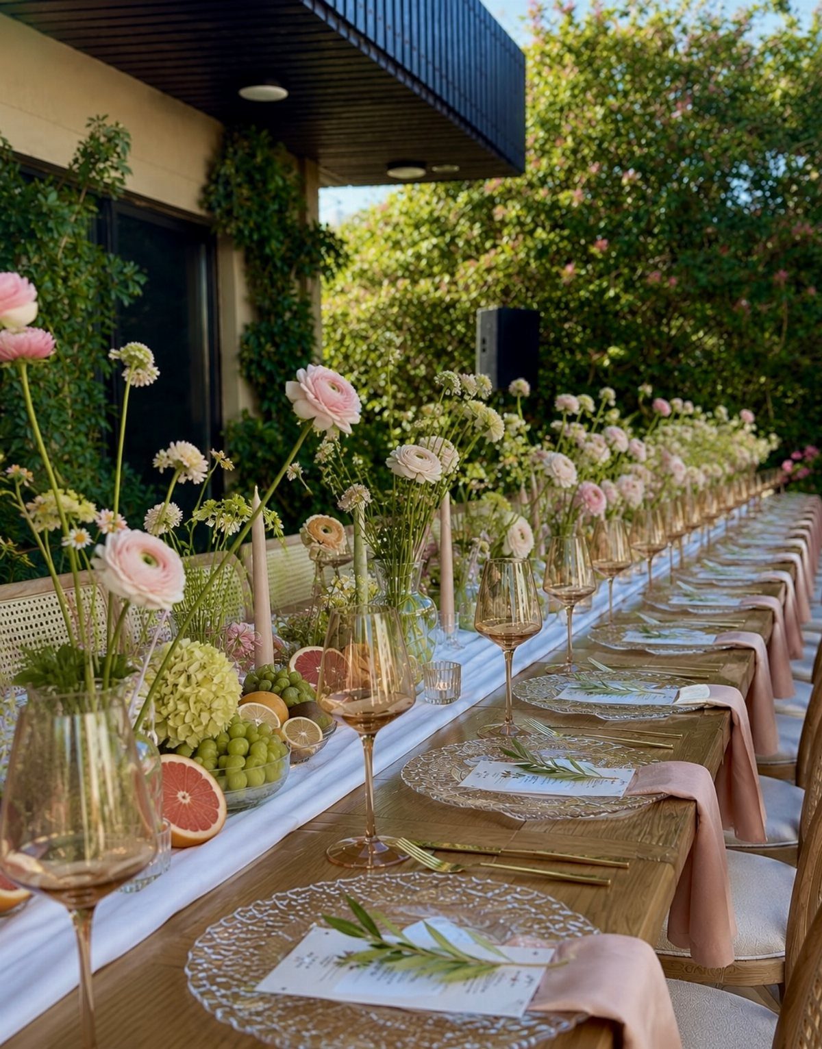 A long outdoor dining table decorated with pink flowers, white linens, and elegant glassware for a party.